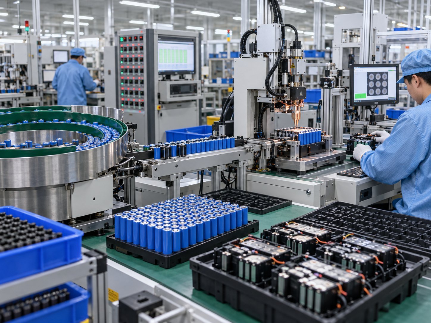 Battery cell sorting, automated welding and testing equipment in an organized manufacturing workshop