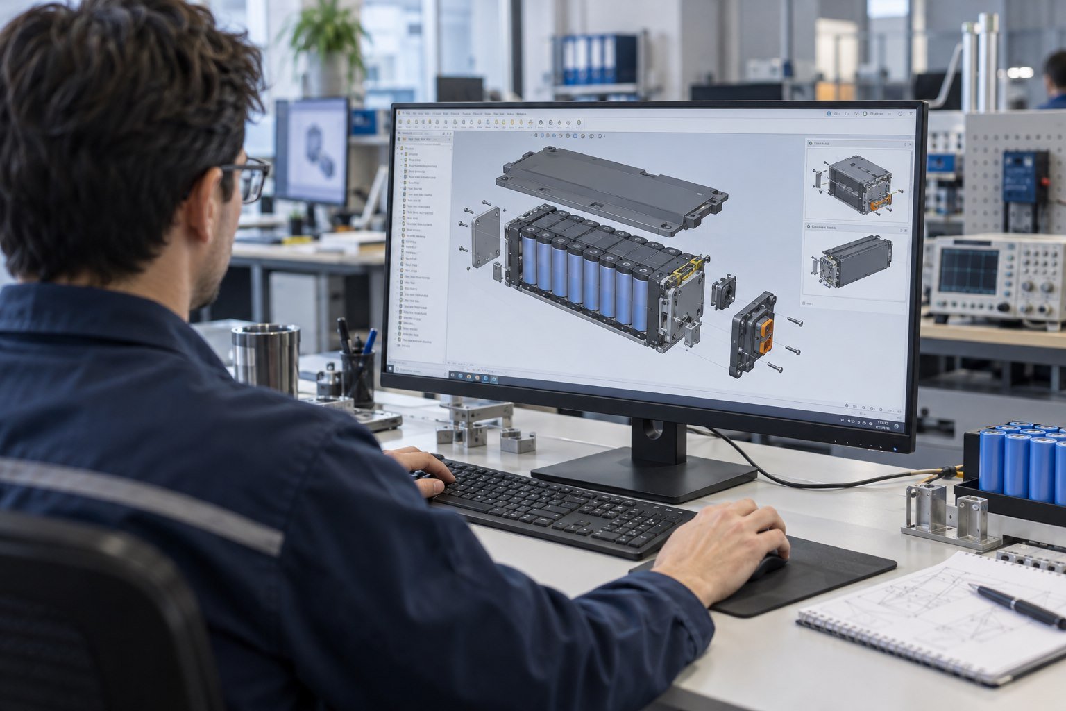 Battery engineer developing a custom battery pack structure in professional CAD software