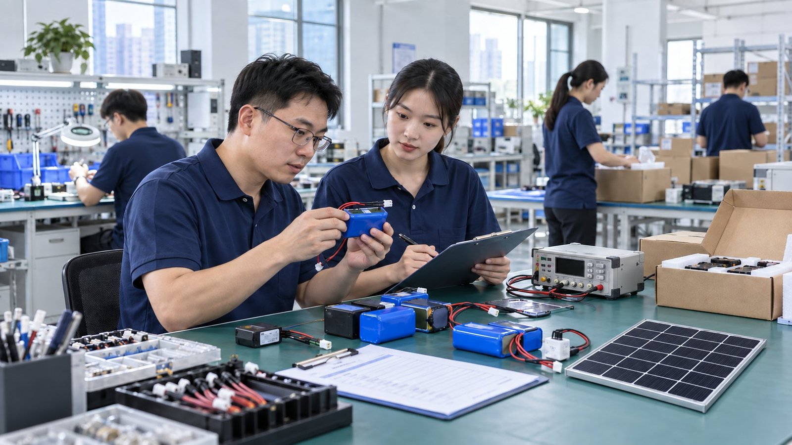 Engineers inspecting custom battery packs beside a correctly arranged compact solar panel